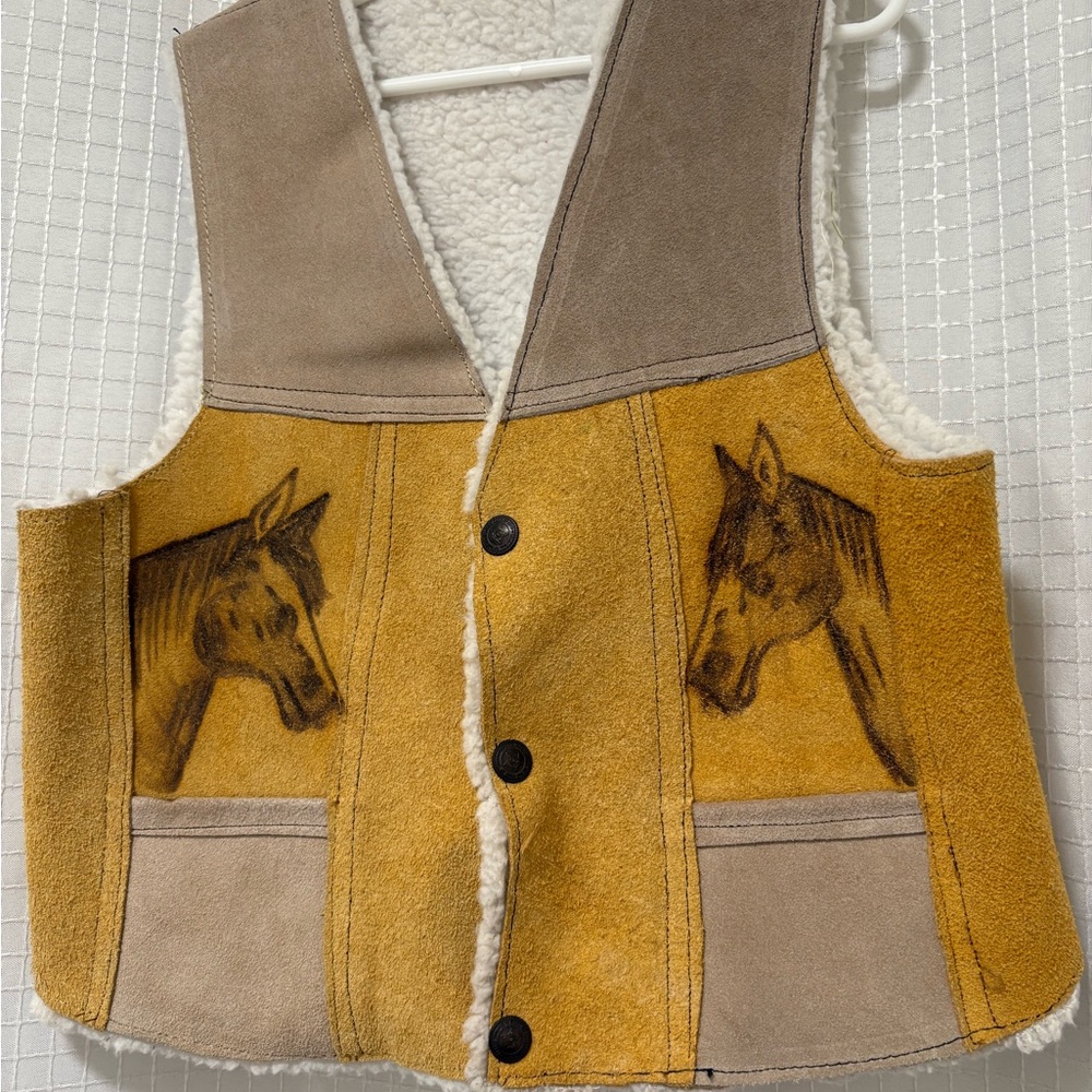 Kids Suede/leather Mustard Shearling Vest with Horse Motif